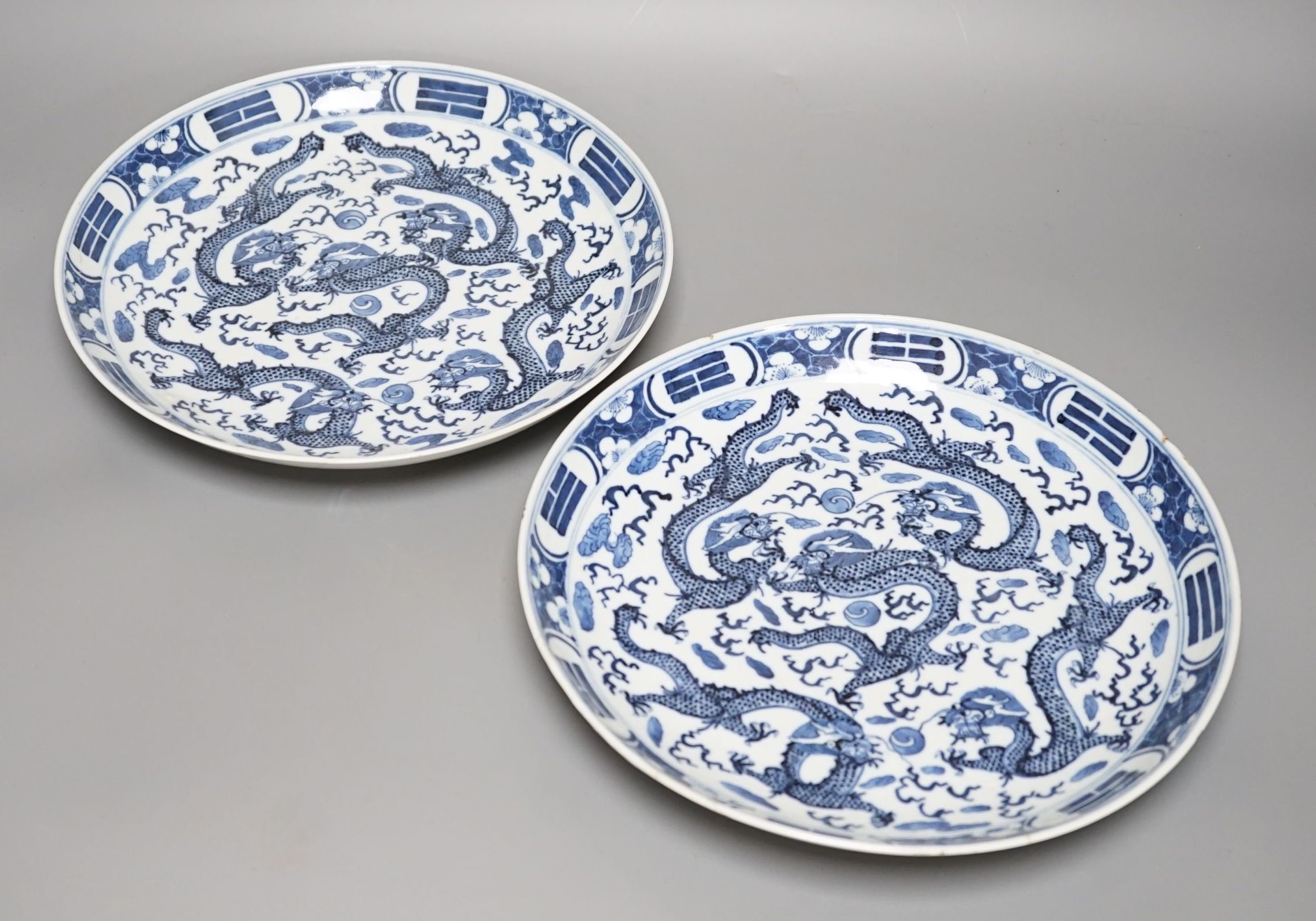 A pair of Chinese blue and white ‘dragon’ dishes, Qing dynasty, 27cm diameter